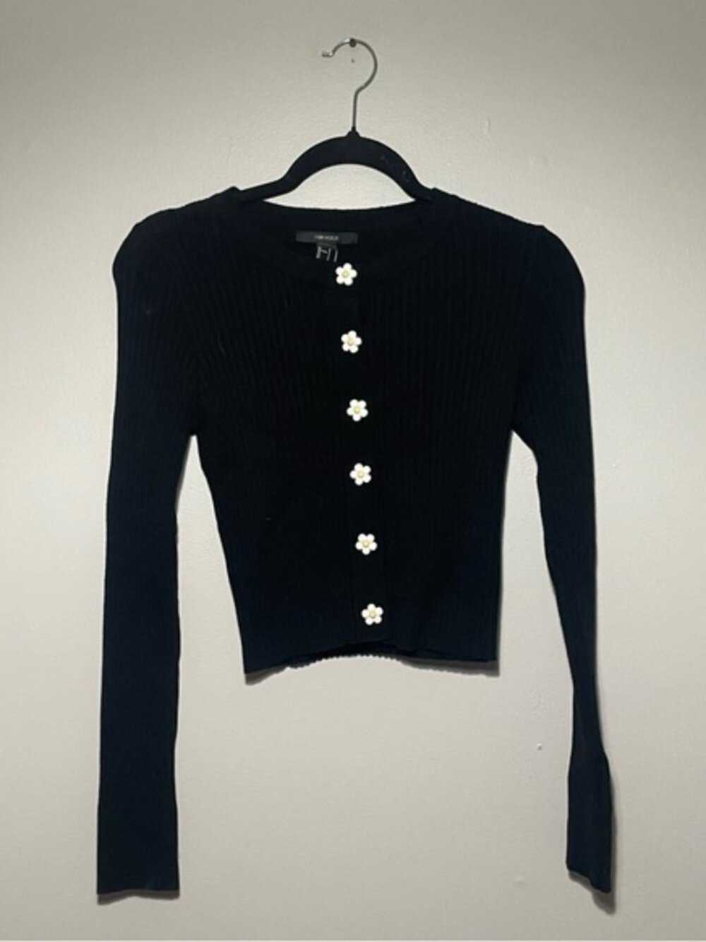 Black Ribbed Knit Daisy Button Crop Cardigan Top